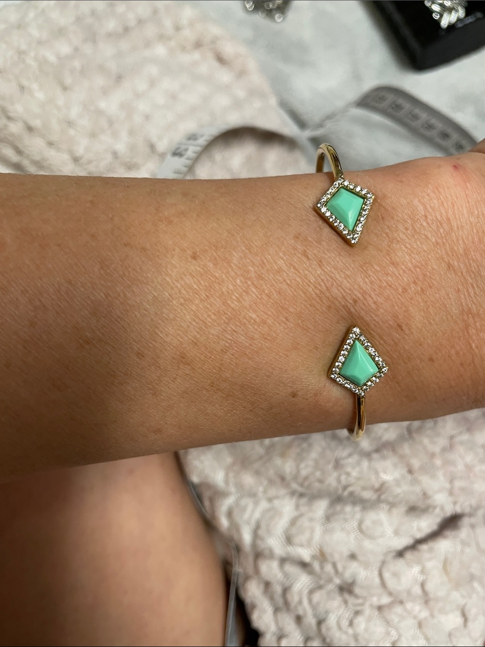 Gold Open Cuff Bracelet with Mint Green Gem Accents
